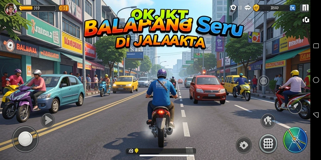 Screenshot gameplay OKJKT menunjukkan balapan seru di jalanan Jakarta.