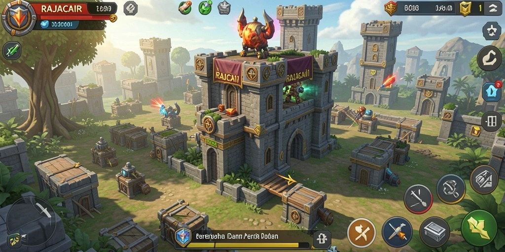 Tampilan utama gameplay <strong>RAJACAIR</strong> yang menampilkan berbagai menara dan musuh.