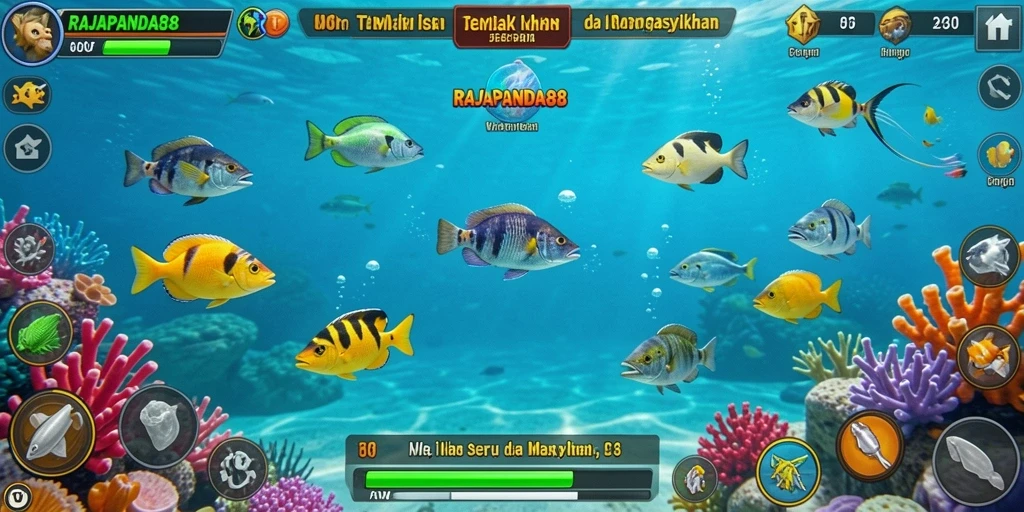 Tampilan gameplay seru dalam RAJAPANDA88 dengan aksi menembak ikan.