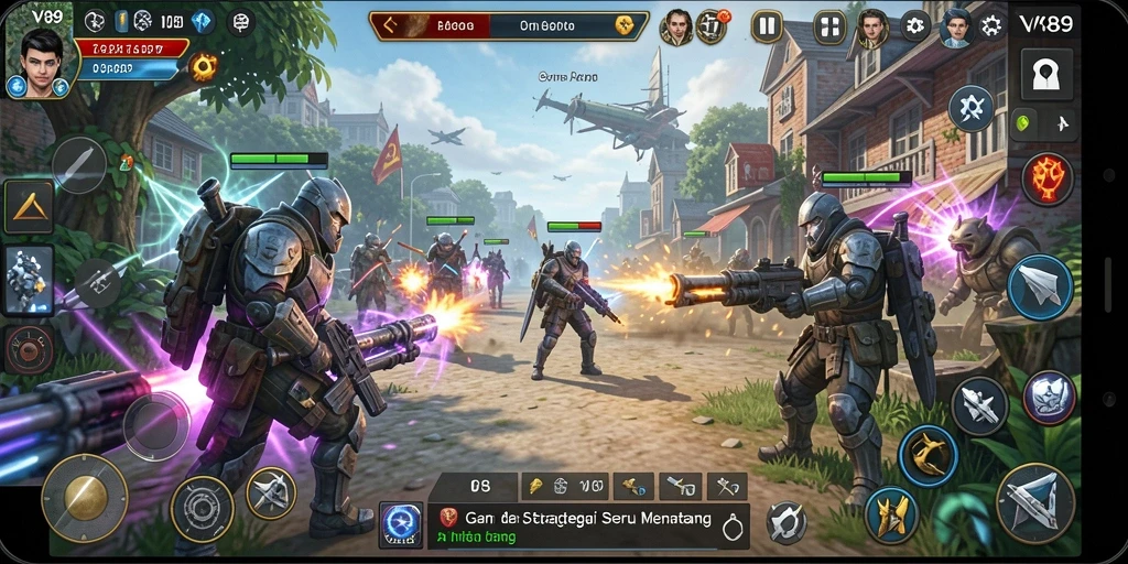 Screenshot V89 menampilkan aksi seru pertempuran strategi.